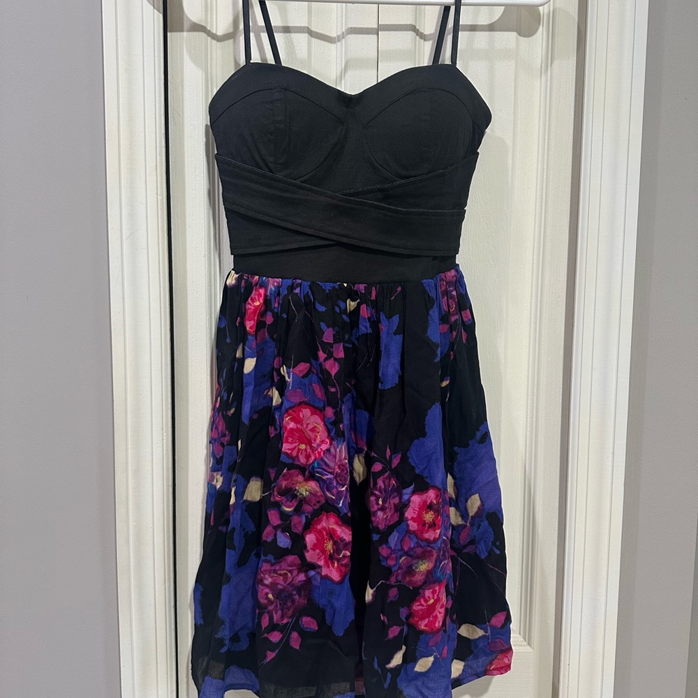 XS Black Floral Strapless Dress, Short Homecoming